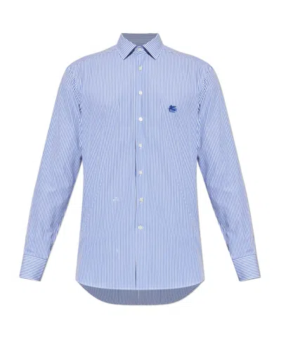 Etro Pegaso Embroidered Pinstriped Long-sleeved Shirt In Blue