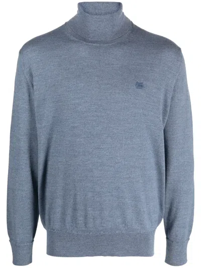 Etro Pegaso-embroidered Roll-neck Jumper In Blue
