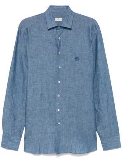 Etro Light Blue Linen Shirt With Embroidered Logo