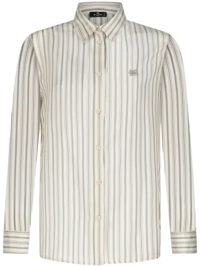 Etro Pegaso-embroidered Striped Silk Shirt In White