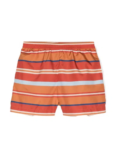 Etro Kids' Pegaso-embroidered Striped Swim Shorts In Orange