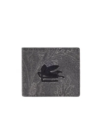 Etro Pegaso Embroidered Wallet In Gray