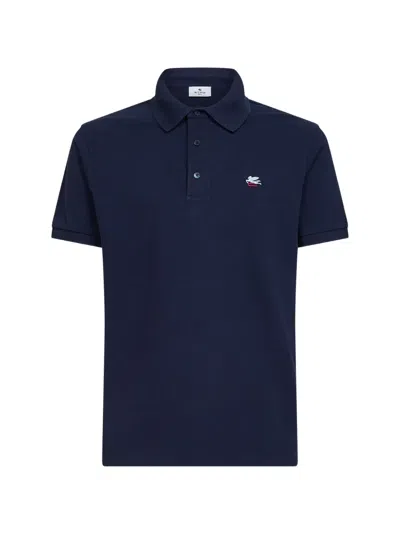 Etro Men Blue Cotton Pique Polo Shirt With Pegaso Embroidery