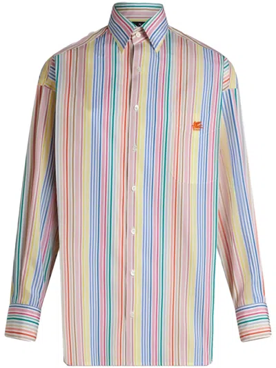 Etro Pegaso-embroidery Striped Cotton Shirt In Blue