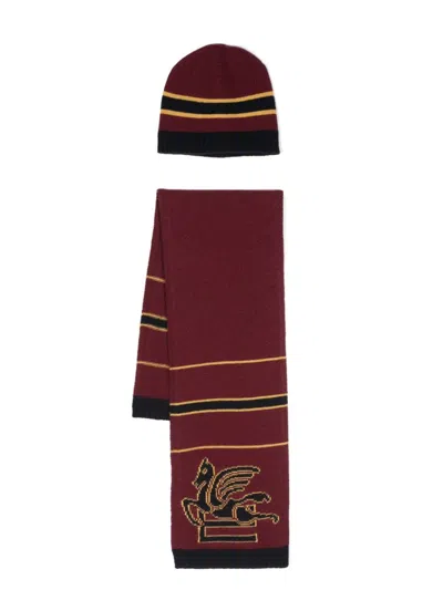 Etro Babies' Pegaso-intarsia Wool-cashmere Hat Set In Red