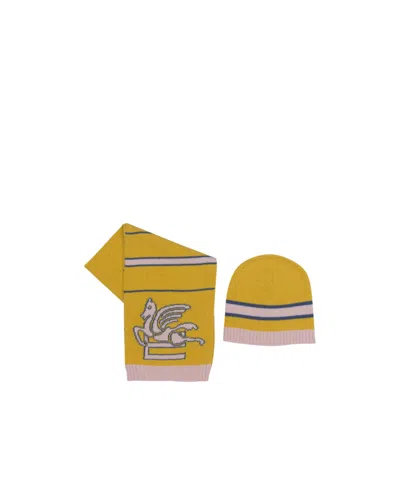 Etro Pegaso-jacquard Beanie Hat Set In Yellow