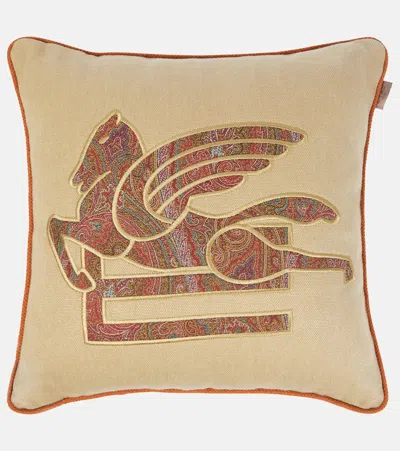 Etro Pegaso Jacquard Linen Cushion In Beige