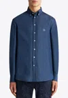 Etro Blue Paisley Print Logo Denim Shirt In Navy