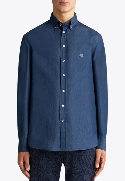 Etro Paisley Washed Denim Shirt In Blue