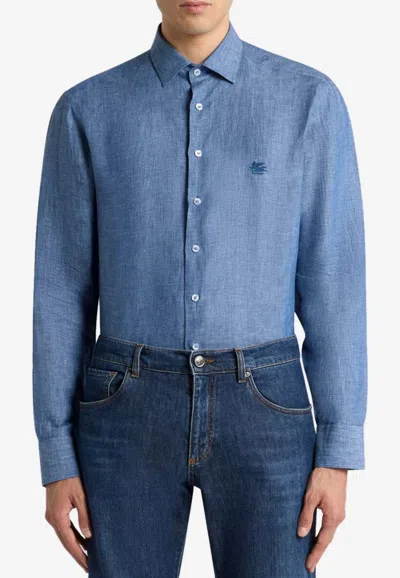 Etro Pegaso Long-sleeved Linen Shirt In Blue