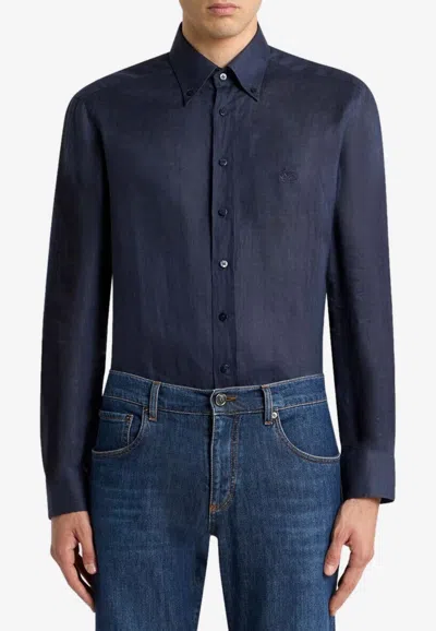 Etro Pegaso Long-sleeved Linen Shirt In Blue