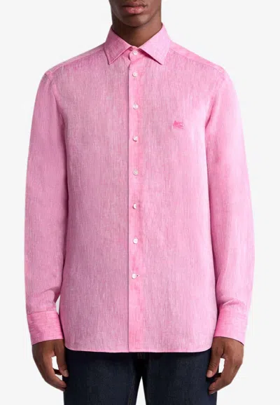 Etro Pegaso Long-sleeved Linen Shirt In Pink