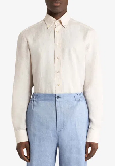 Etro Pegaso Long-sleeved Linen Shirt In Brown