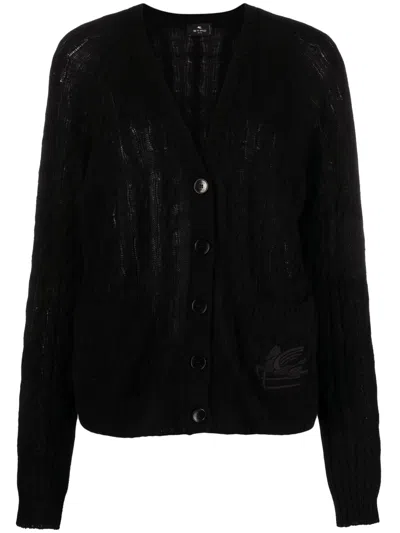 Etro Pegaso-motif Cable-knit Cardigan In Black