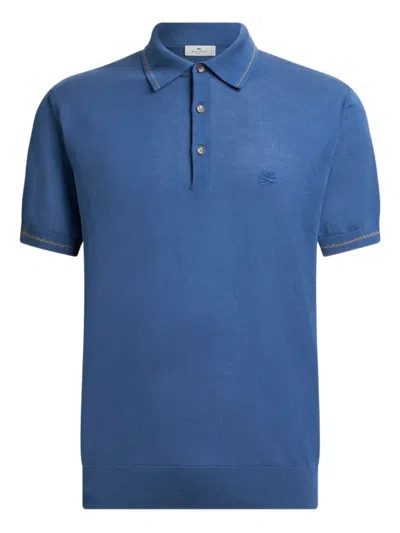 Etro Pegaso-motif Cotton Polo Shirt In Blue