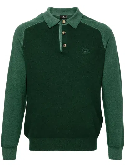 Etro Long Sleeve Polo Shirt With Ribbed Collar In Green