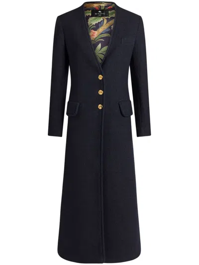 Etro Pegaso-motif Single-breasted Coat In Blue