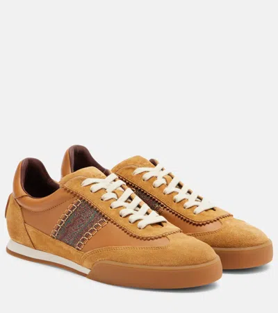 Etro Pegaso Suede-trimmed Leather Sneakers In Brown