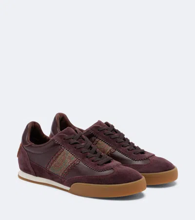 Etro Pegaso Suede-trimmed Leather Sneakers In Burgundy