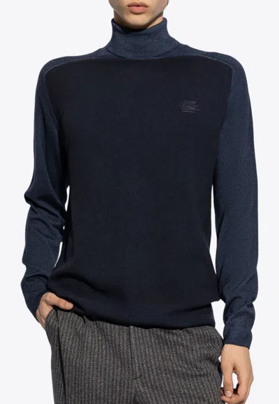 Etro Pegaso Wool Turtleneck Sweater In Navy