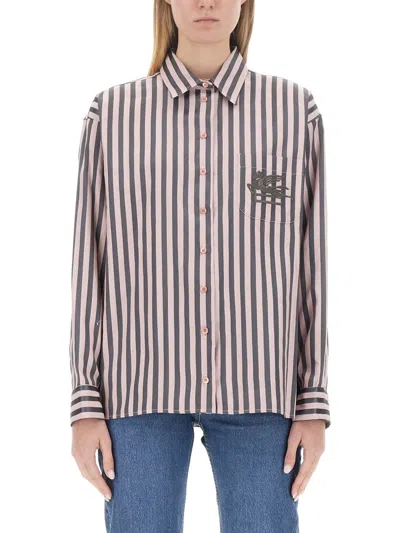Etro Pegaso-embroidered Striped Shirt In Neutral