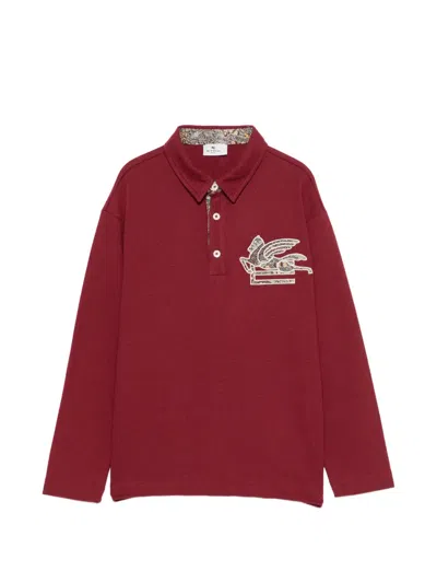 Etro Kids' Pegaso-patch Long-sleeve Polo Shirt In Burgundy