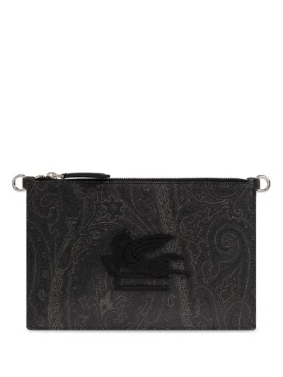 Etro Pegasu Patch Clutch Bag In Black