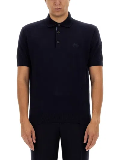 Etro Polo Shirt With Pegasus Embroidery In Blue