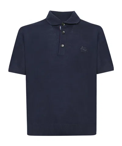 Etro Pegasus Embroidered Short-sleeved Polo Shirt In Blue