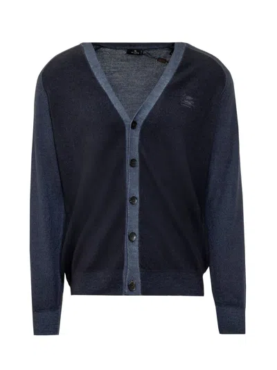 Etro Pegaso-embroidered Wool Cardigan In Blue