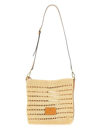 Etro Perforated Raffia Shoulder Bag In Sand