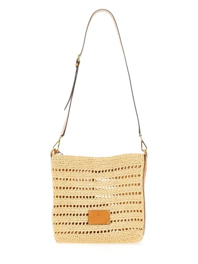 Etro Perforated Raffia Shoulder Bag In Sand
