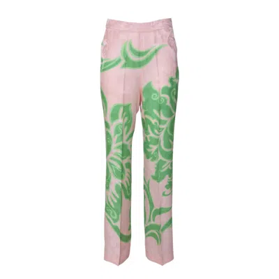 Etro Pink And Green Printed Viscose-silk Trousers