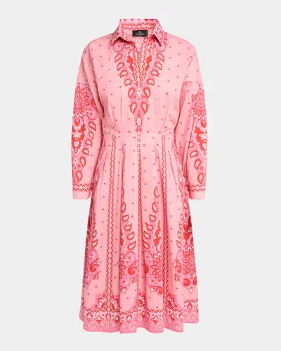 Etro Floral-patterned Stretch Cotton Midi Dress With V-neck In Pink