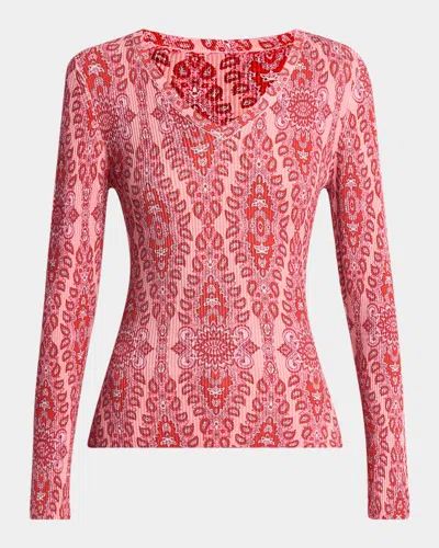 Etro Pink Medallion Ribbed V-neck Sweater In Pink 10