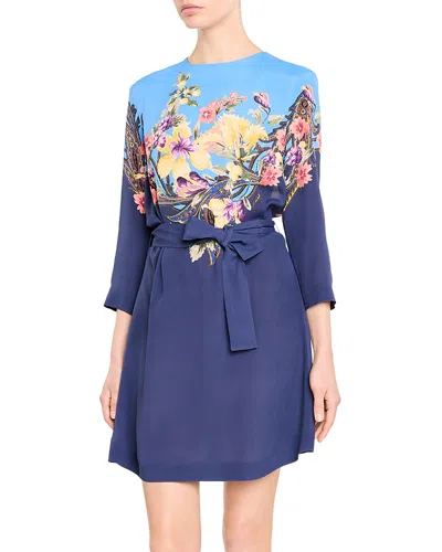 Etro Placed Floral Tie Waist Mini Dress In Blue