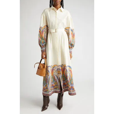 Etro Placed Paisley Long Sleeve Cotton Shirtdress In Print On White Base