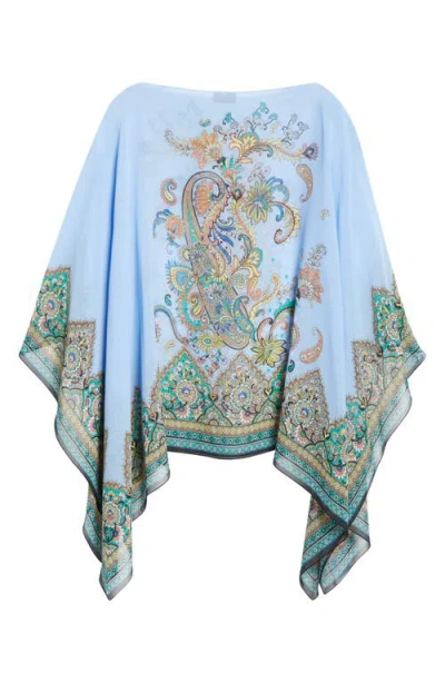 Etro Placed Paisley Silk Poncho In Blue Print