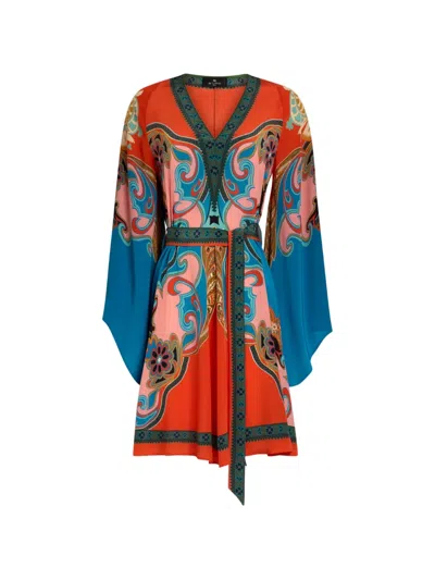 Etro Silk Mini Dress With Belt And Placed Print In Multi