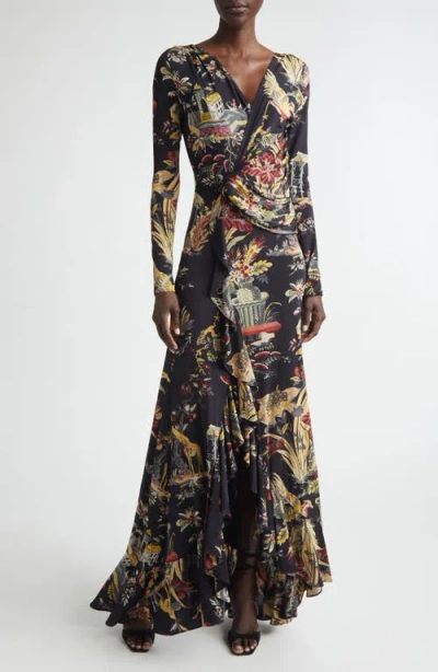 Etro Placed Print Long Sleeve Jersey Maxi Wrap Dress In Black