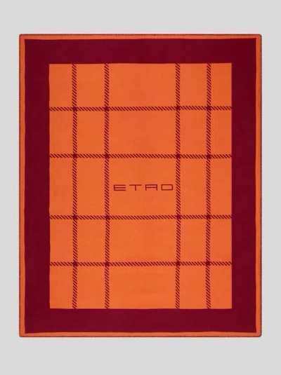Etro Tartan-check Wool Blend Throw Blanket In Orange