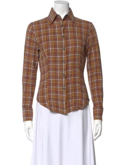 Pre-owned Etro Plaid Print Long Sleeve Blouse In Brown