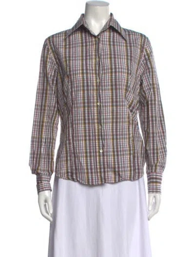 Pre-owned Etro Plaid Print Long Sleeve Button-up Top In Brown