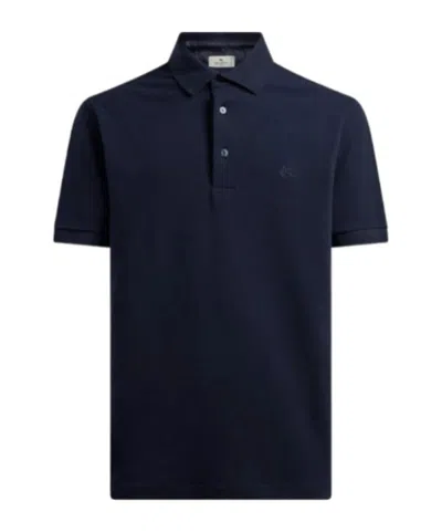 Etro Plain-coloured Cotton Polo Shirt With Printed Details In Blue