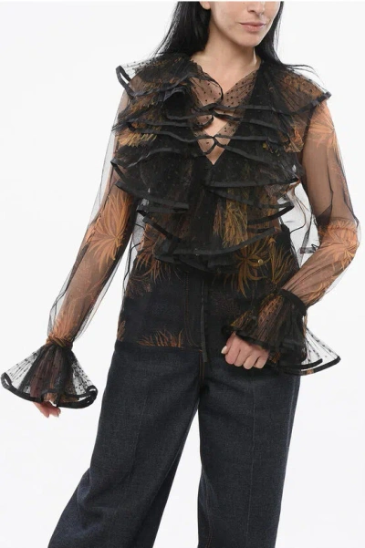 Etro Plant-motif Sheer Top With Ruffles In Black