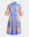 Etro Pleated Blue Bouquet Puff-sleeve Shirtdress In Blue