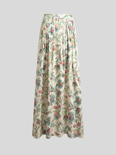 Etro , Pleated Cotton Maxi Skirt With Floral Motif, Woman, Green, Size 48