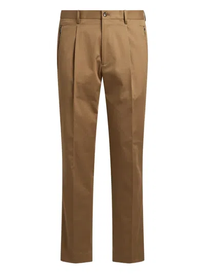 Etro Pleated Cotton Trousers In Brown