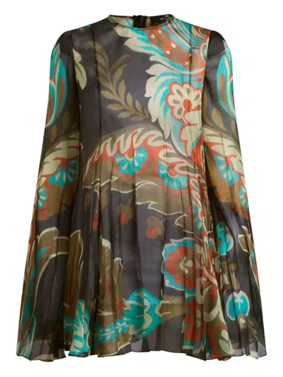 Etro Pleated Floral-print Mini Dress In Multi