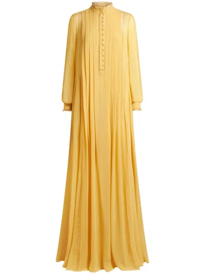 Etro Silk High-neck Pleated Gown In Yellow